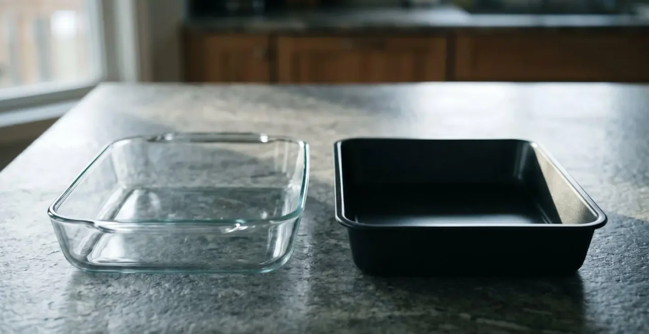 Composition symbolique montrant les différences entre les matériaux de cuisson verre et métal