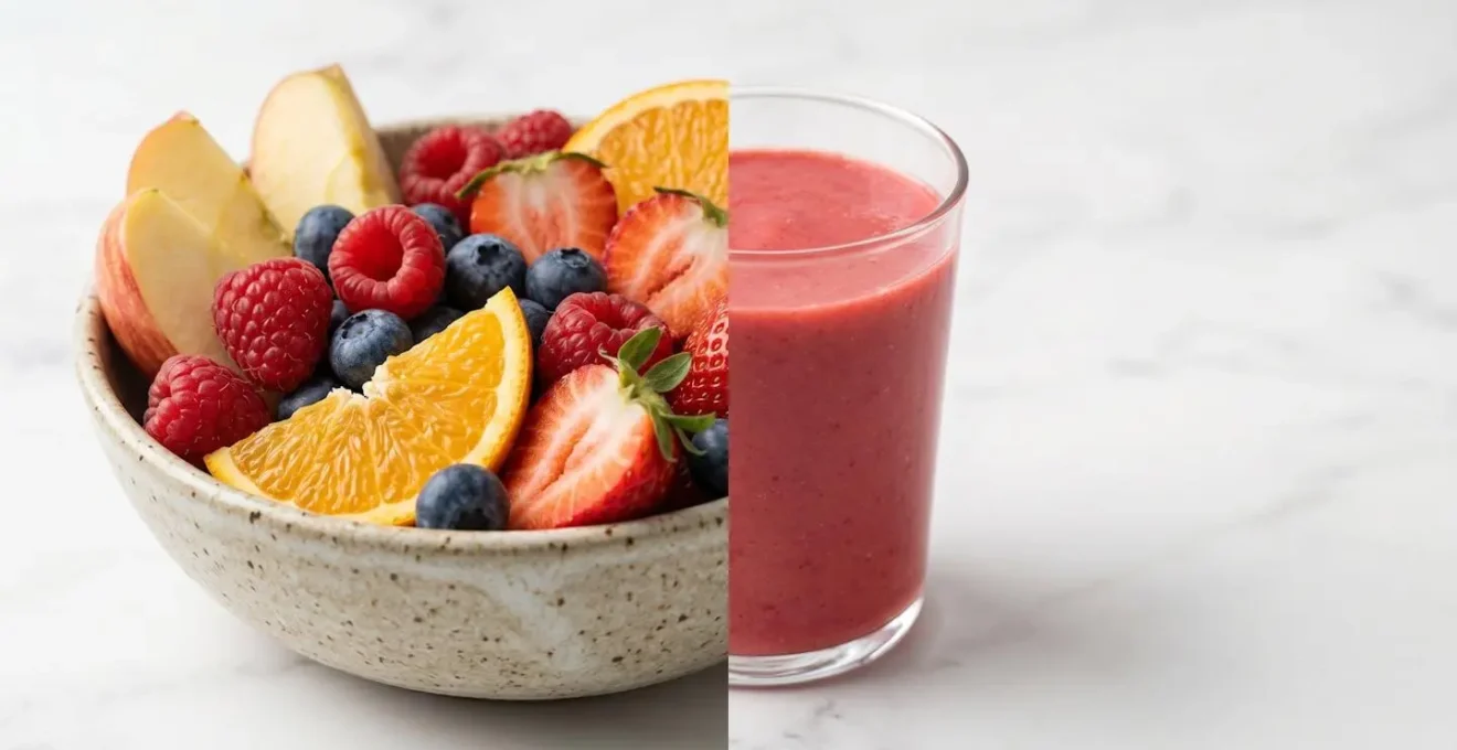 Contraste entre un bol de fruits entiers et un smoothie en verre illustrant la densité sensorielle