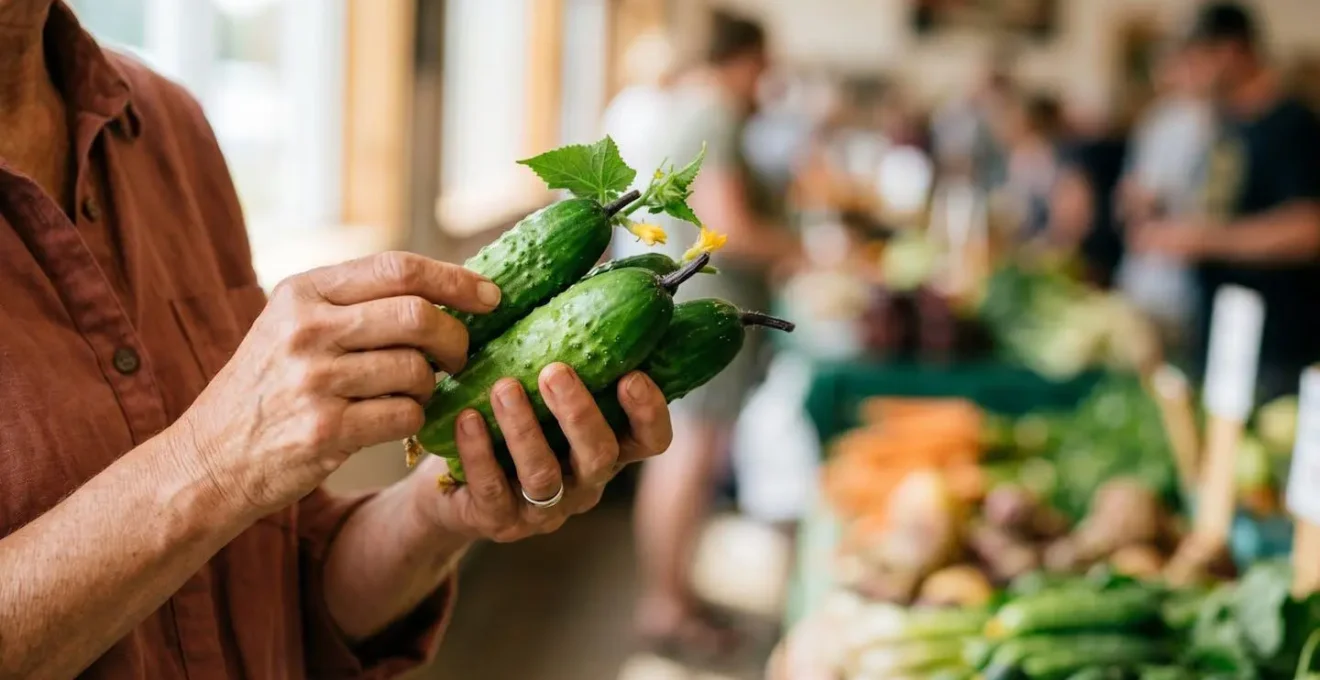 Mains tenant des concombres kirby frais et fermes avec tige intacte sur un étal de marché