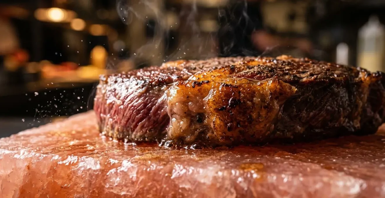 Steak en pleine cuisson sur une plaque de sel rose avec croûte dorée en formation