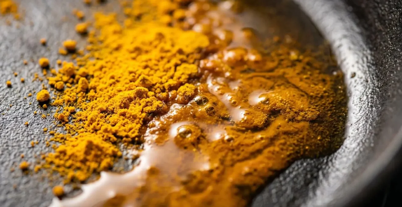 Technique du blooming avec curcuma en poudre doré dans matière grasse chaude