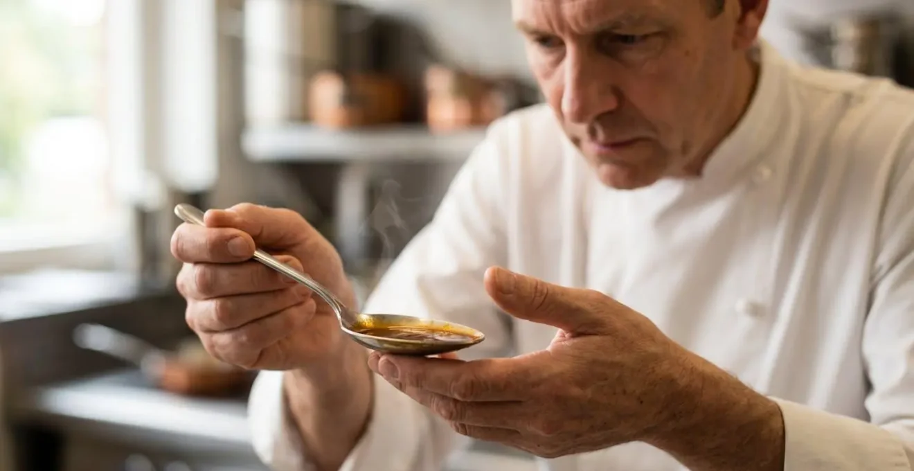Chef en train de goûter une sauce avec une cuillère dans une cuisine professionnelle