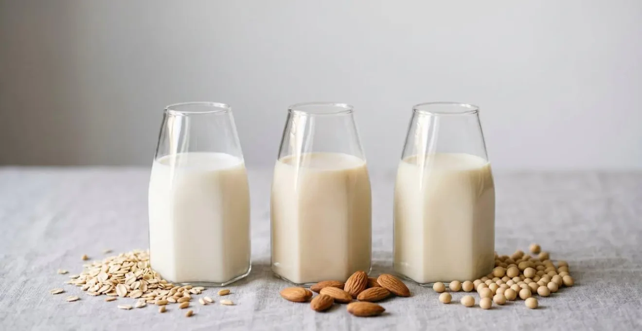 Trois verres transparents contenant differents laits vegetaux avec ingredients naturels sur fond minimaliste