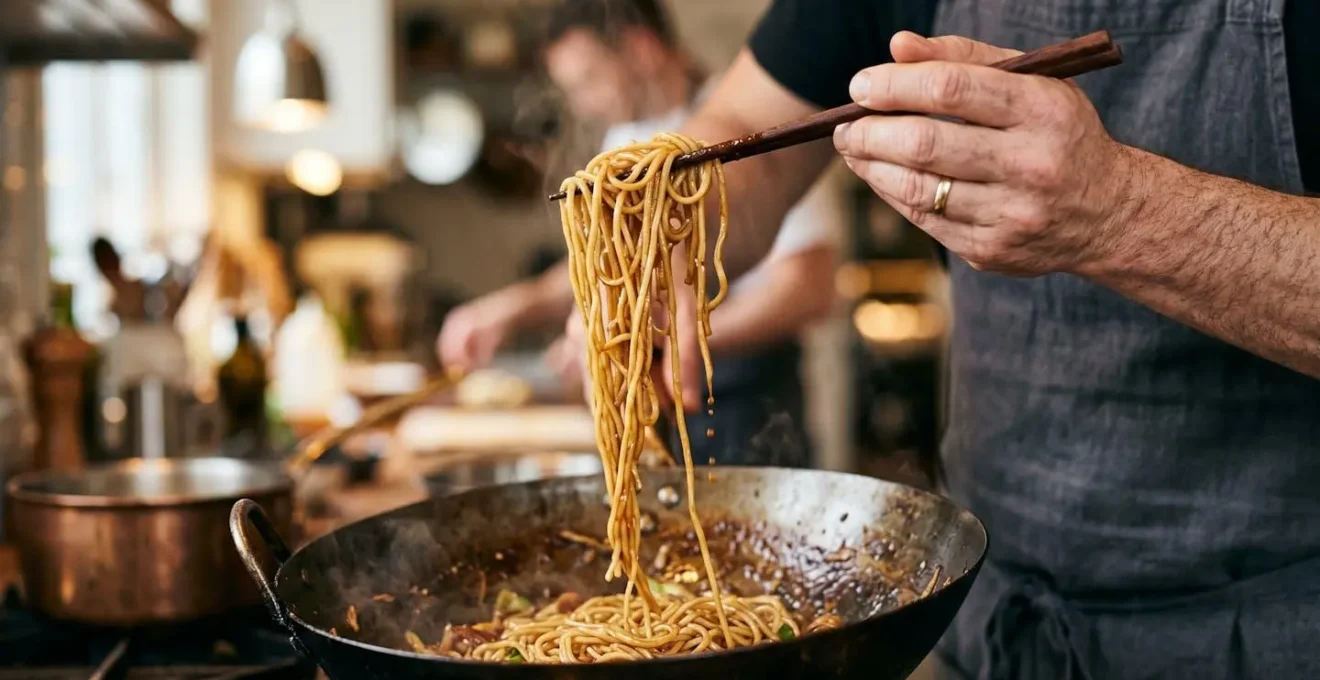 Vue rapprochée de nouilles enrobées d'une sauce crémeuse grâce à l'amidon dans un wok