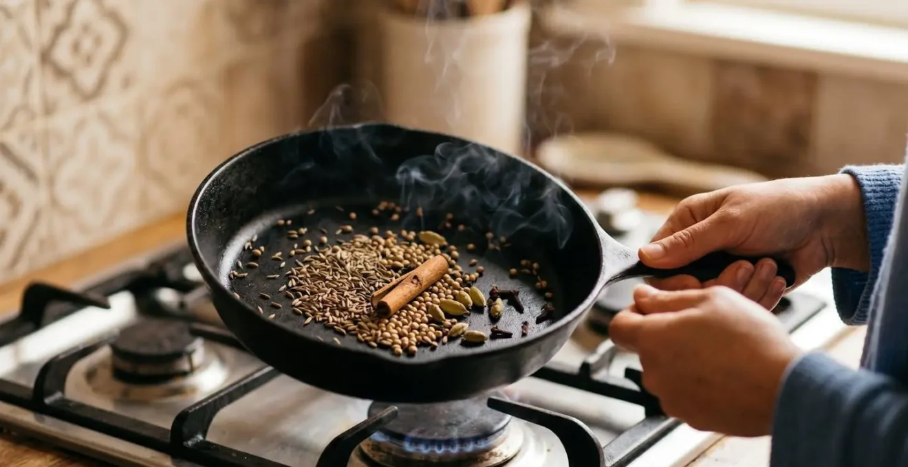 Épices entières en cours de torréfaction à sec dans une poêle pour préparation de garam masala maison