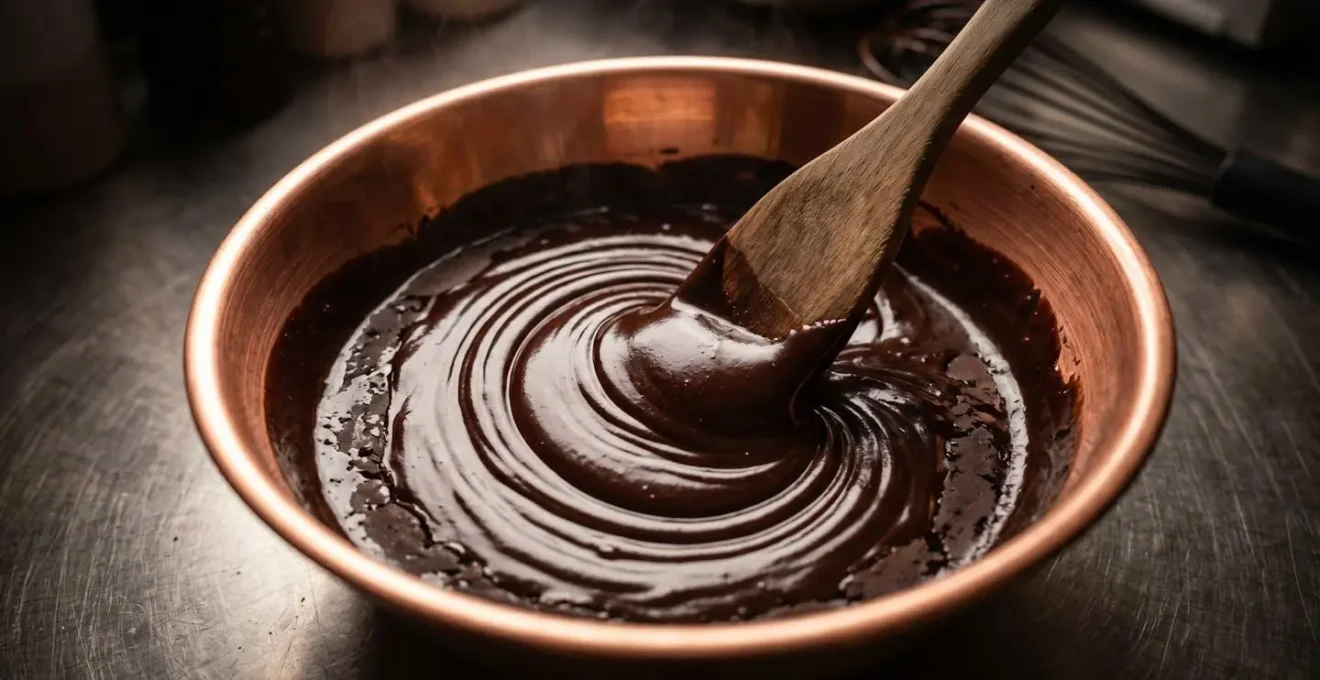 Ganache au chocolat en cours d'émulsion avec spatule, montrant la texture lisse et brillante caractéristique d'une émulsion réussie
