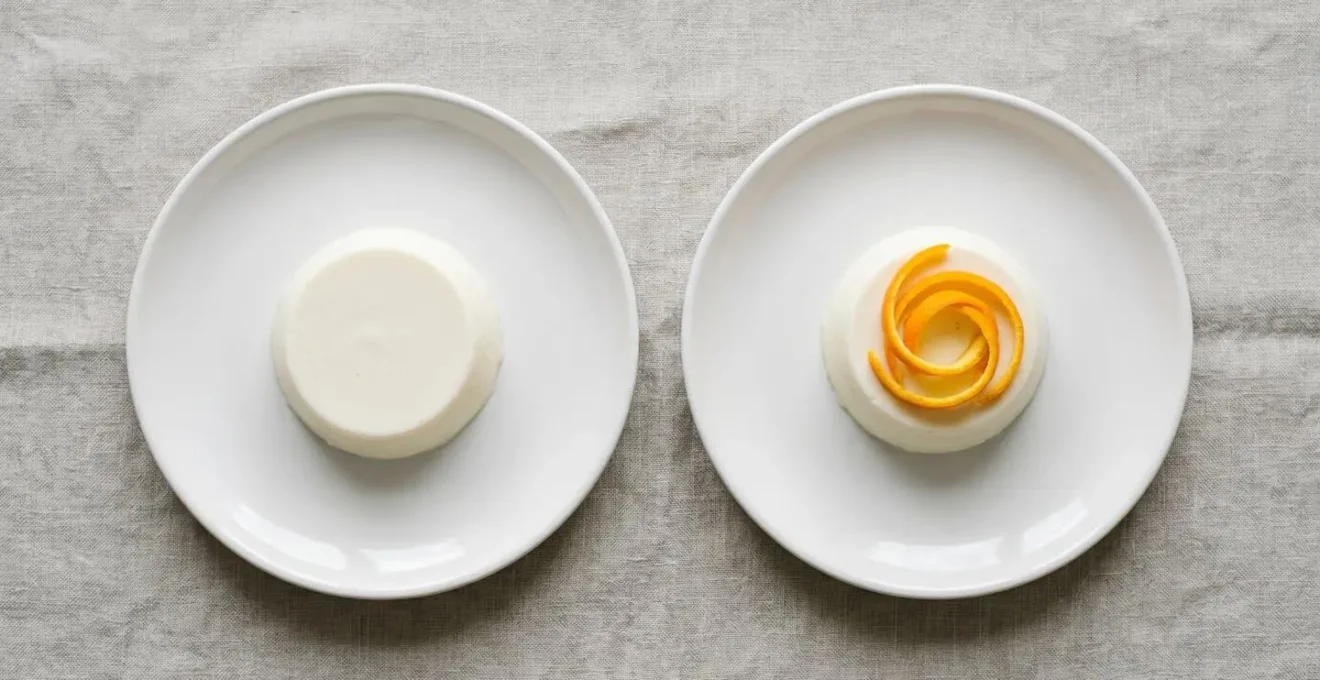 Composition visuelle élégante montrant l'impact d'un zeste coloré sur la perception gustative