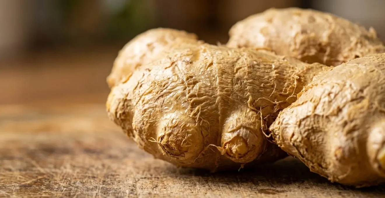 Rhizome de gingembre frais avec texture fibreuse détaillée en gros plan