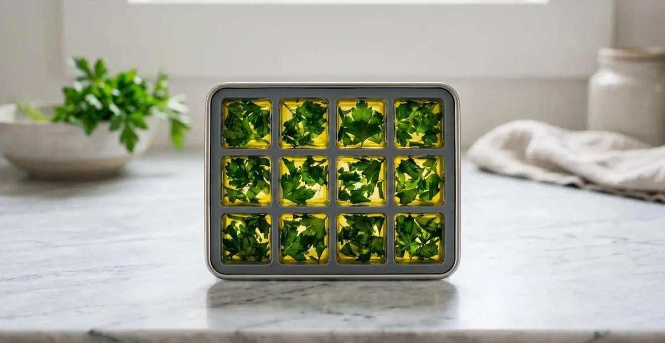 Cubes de persil congelés dans l'huile d'olive dans un bac à glaçons