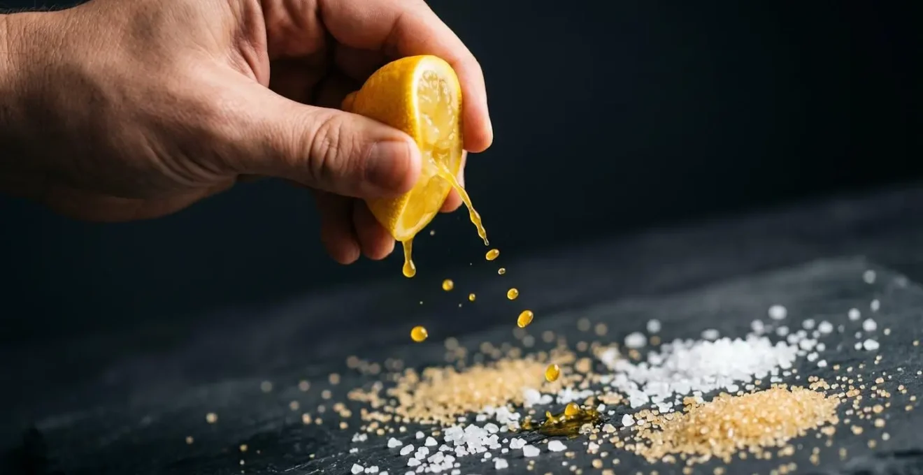 Gouttelettes de citron tombant près de cristaux de sel et de sucre sur fond sombre