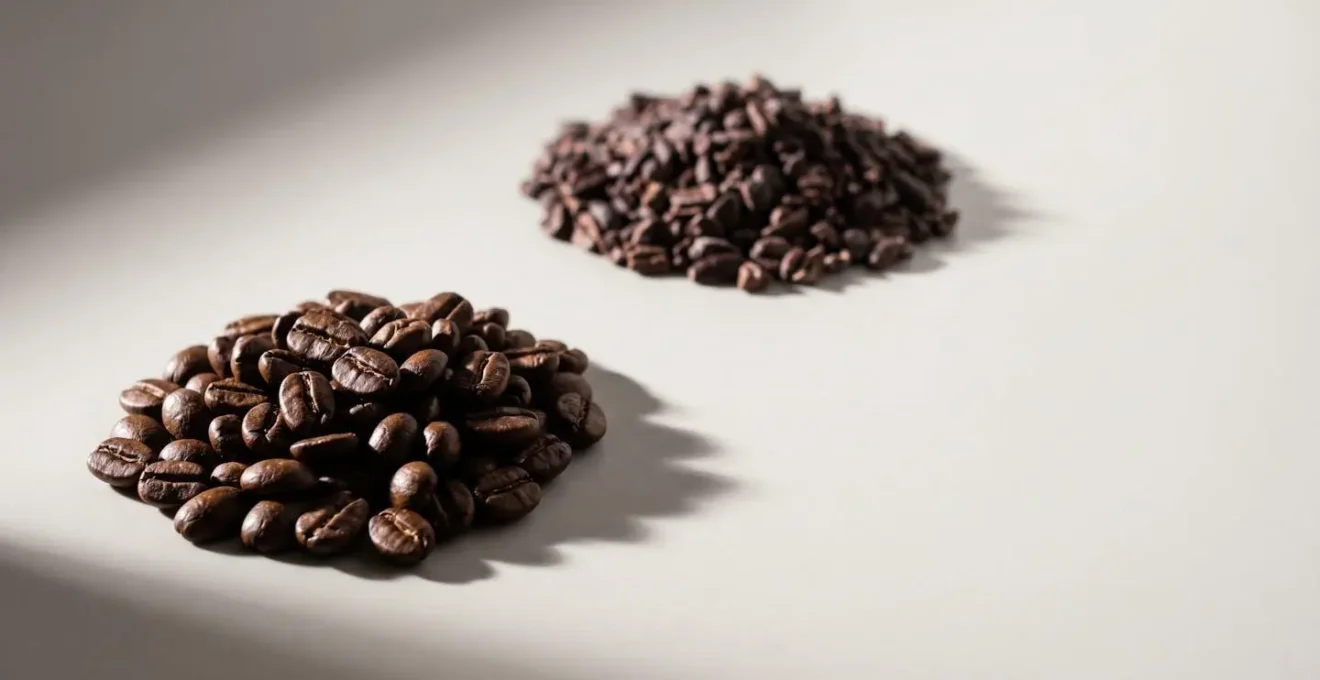 Composition minimaliste montrant des grains de café torréfiés et des fèves de cacao sur une surface claire
