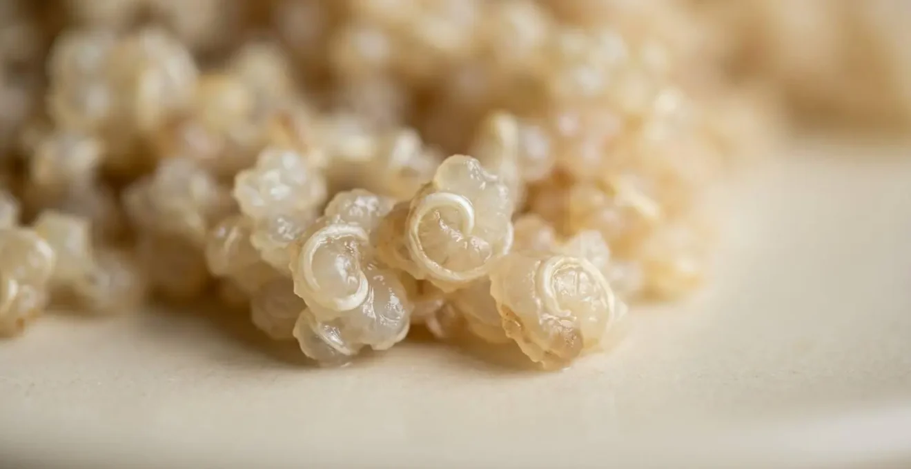Gros plan macro sur des grains de quinoa cuits parfaitement, avec le germe blanc visible en spirale