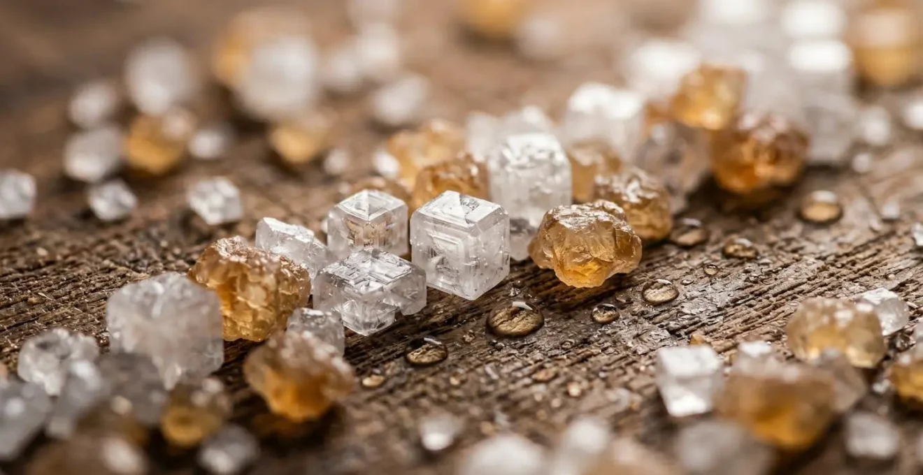 Vue macro détaillée de cristaux de sel et de sucre sur surface naturelle avec gouttes d'eau