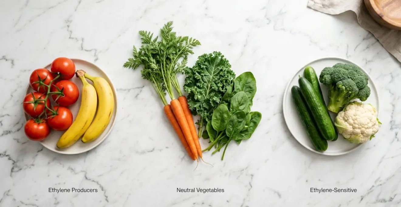Composition minimaliste de legumes separes par categories de conservation
