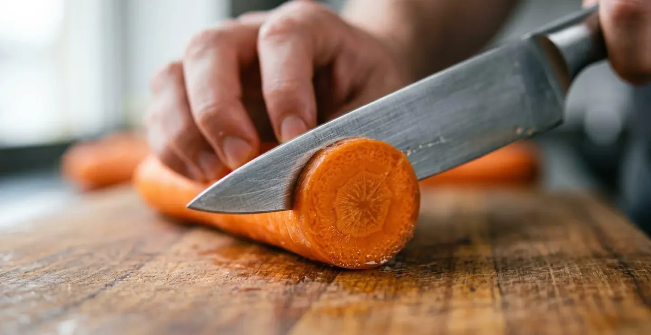 Gros plan sur des mains en train de découper des légumes frais avec un couteau de chef sur une planche à découper