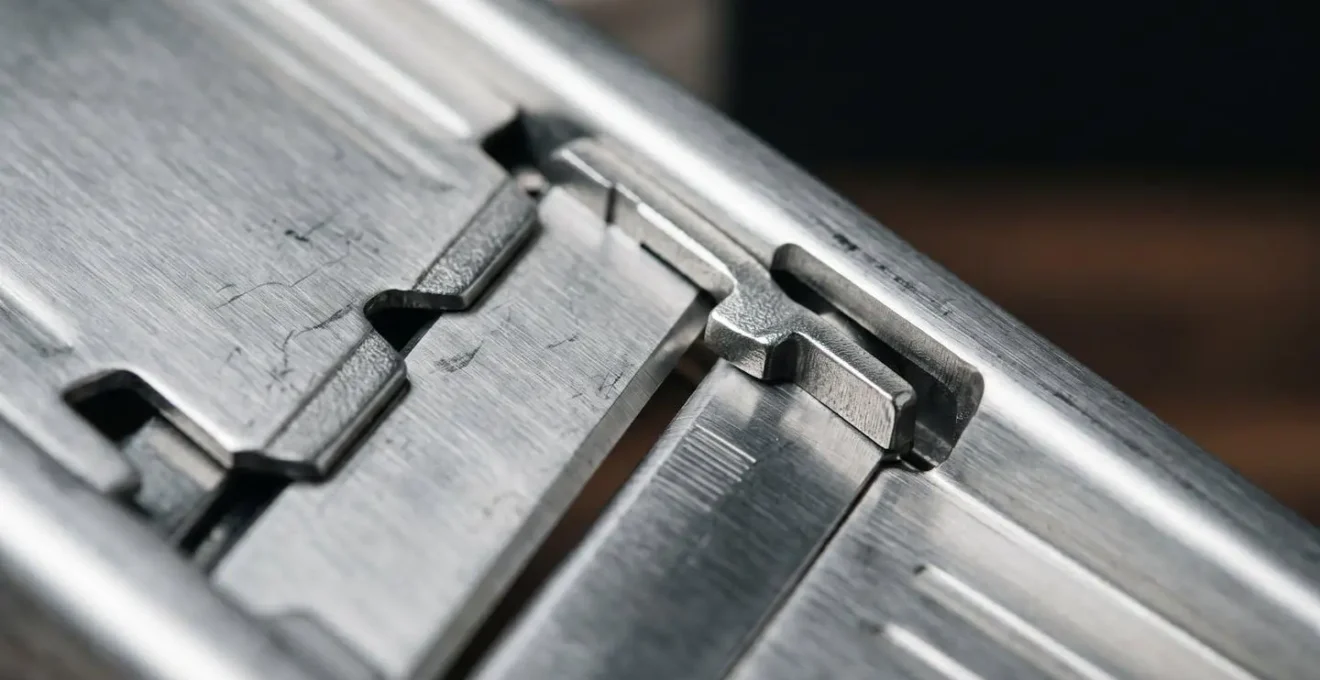 Gros plan macro sur une mandoline professionnelle en acier inoxydable avec poussoir de sécurité