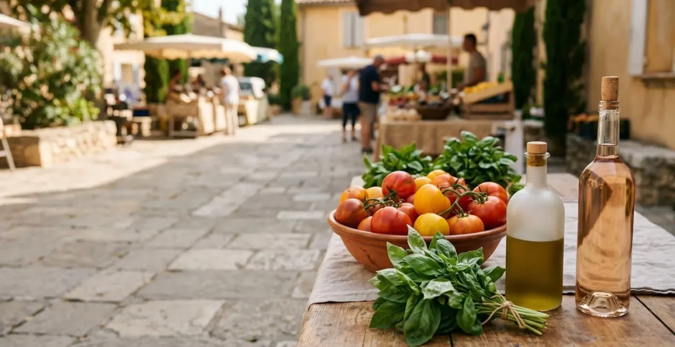 Étal de marché provençal avec légumes du soleil, herbes aromatiques et bouteille de vin rosé, lumière naturelle