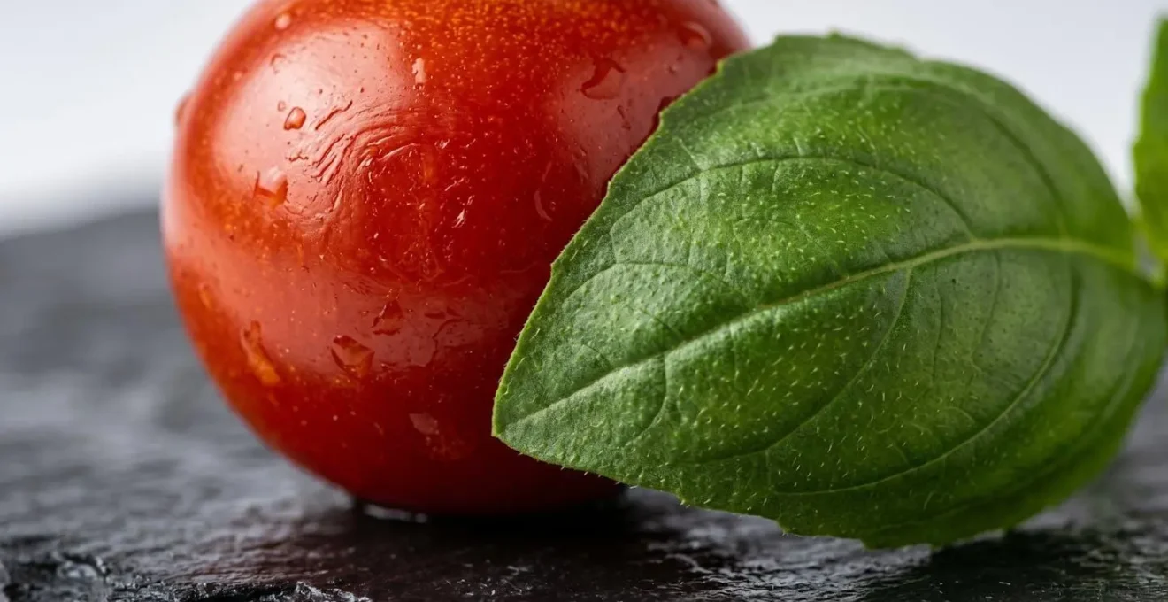 Représentation macro des textures complémentaires de la tomate et du basilic frais