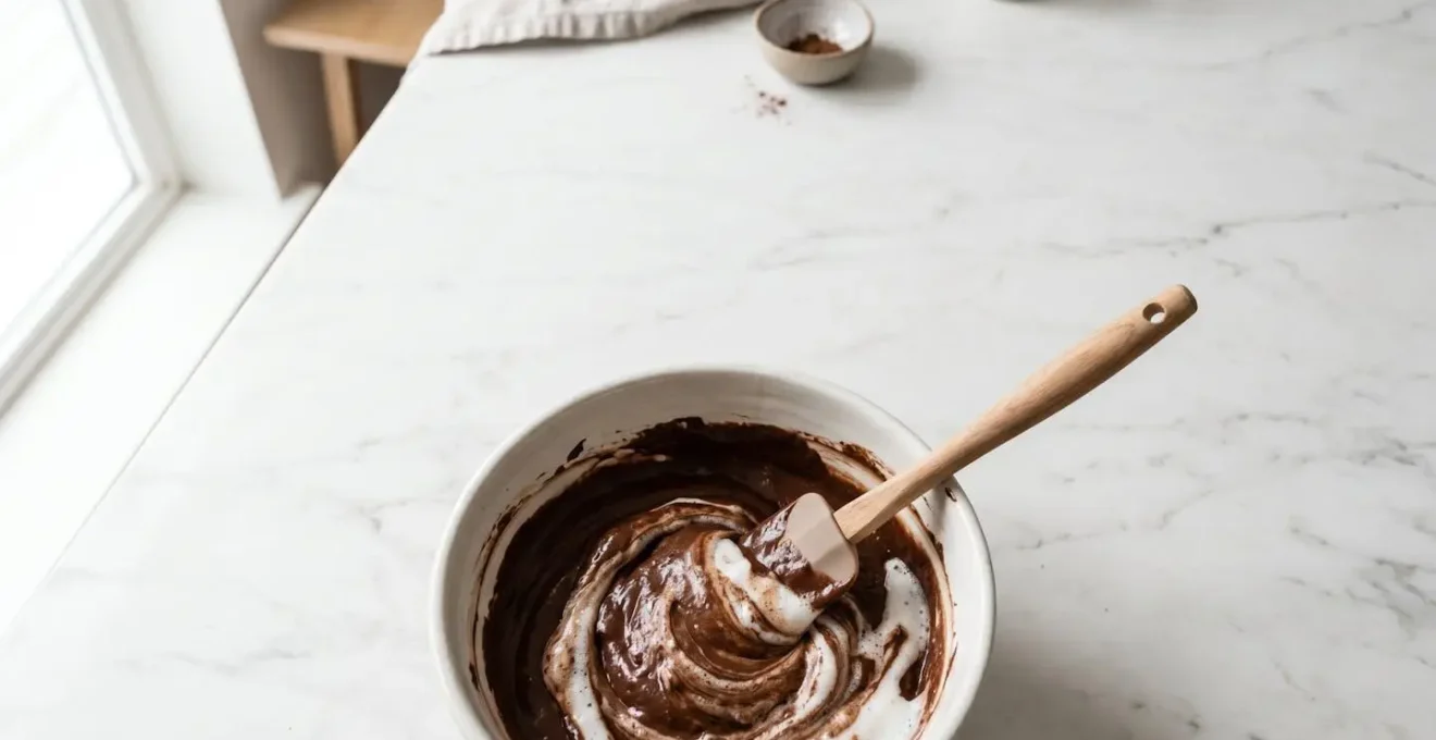 Vue en plongée sur un grand bol contenant une mousse au chocolat en cours de préparation avec une spatule maryse montrant la technique d'incorporation délicate