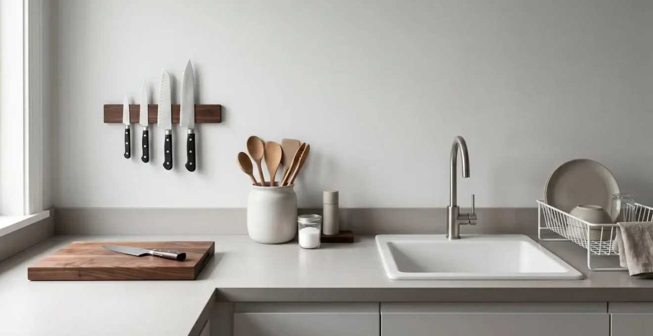 Vue wide d'une cuisine organisée avec zones de travail délimitées et ustensiles accessibles