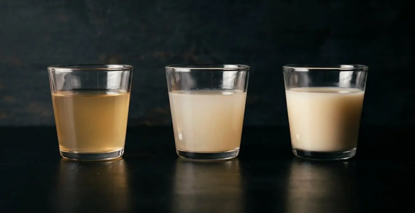 Évolution visuelle d'un bouillon tonkotsu à travers ses phases de cuisson montrant la transformation progressive