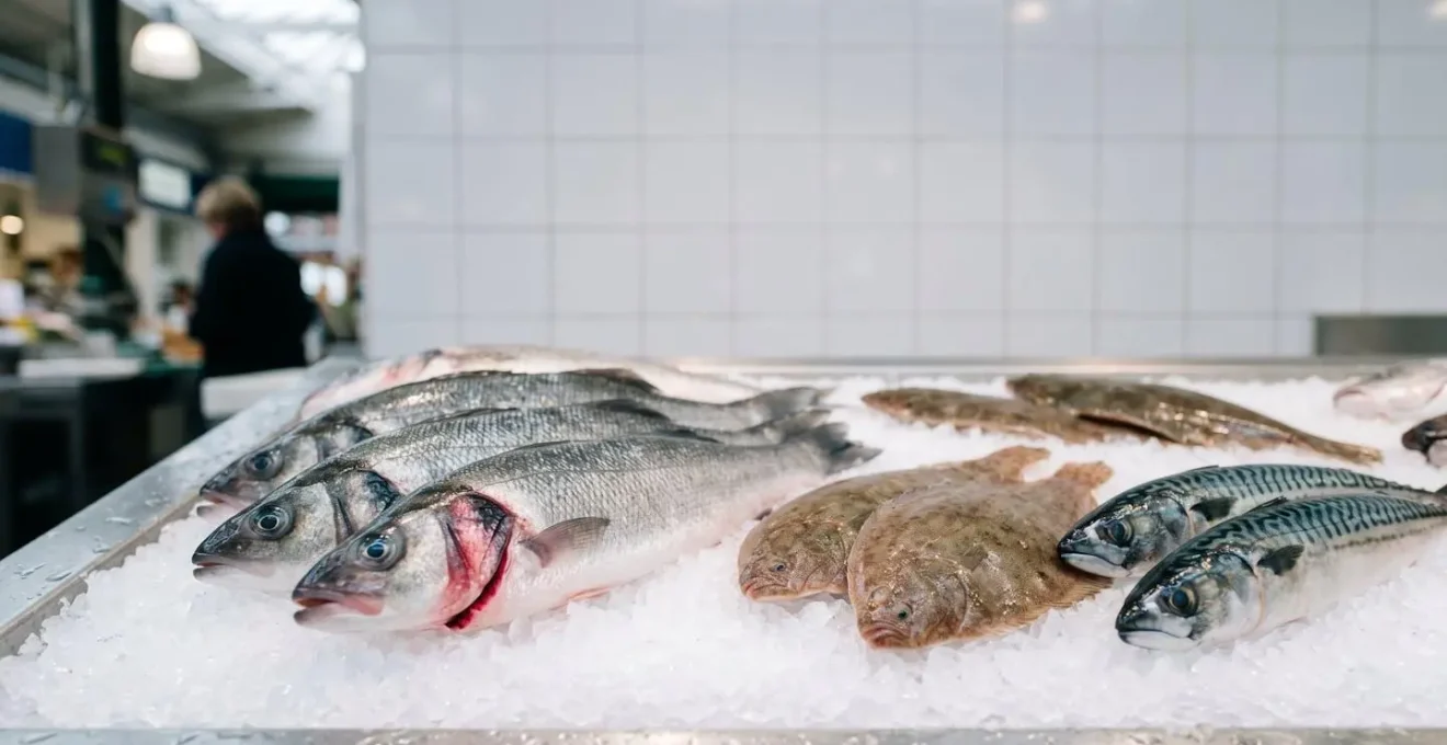 Vue minimaliste d'un bel étal de poissonnier avec des poissons entiers brillants posés sur de la glace pilée