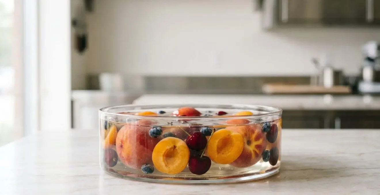 Fruits pochés dans un sirop gélifié translucide montrant la texture contrôlée et brillante