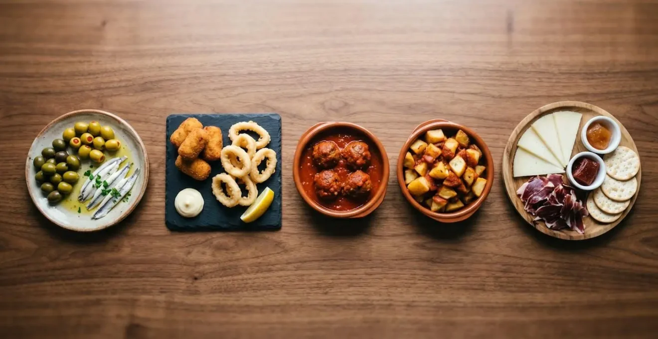 Vue aérienne minimaliste d'une table avec tapas disposés en séquence progressive des saveurs