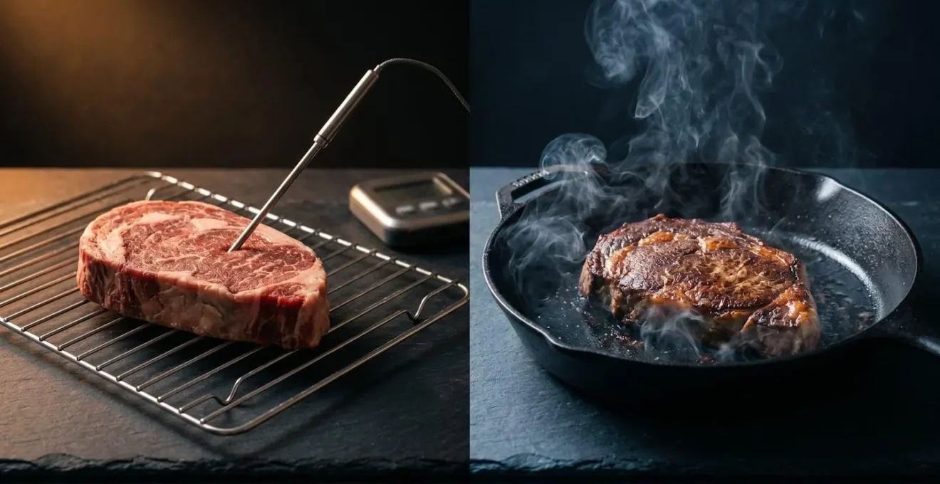 Vue en coupe d'un steak montrant la cuisson homogène rosée sans zone grise grâce à la technique reverse sear
