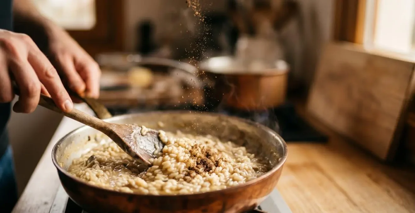 Gros plan d'un risotto crémeux en cours de préparation avec poudre de champignons
