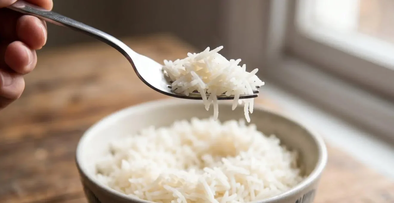 Plan rapproché de grains de riz basmati parfaitement séparés soulevés délicatement par une fourchette