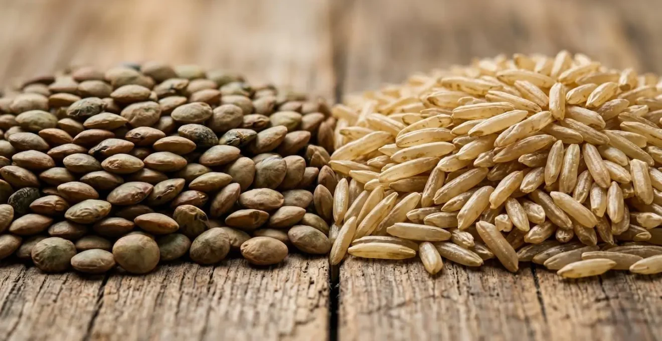 Composition culinaire montrant du riz et des lentilles crus formant une complementarite nutritionnelle