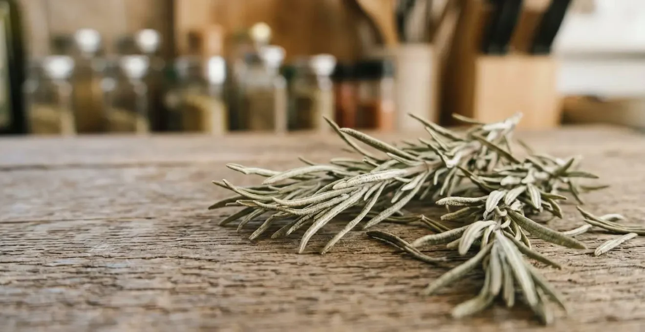 Brins de romarin séchés disposés sur une surface en bois avant infusion dans l'huile