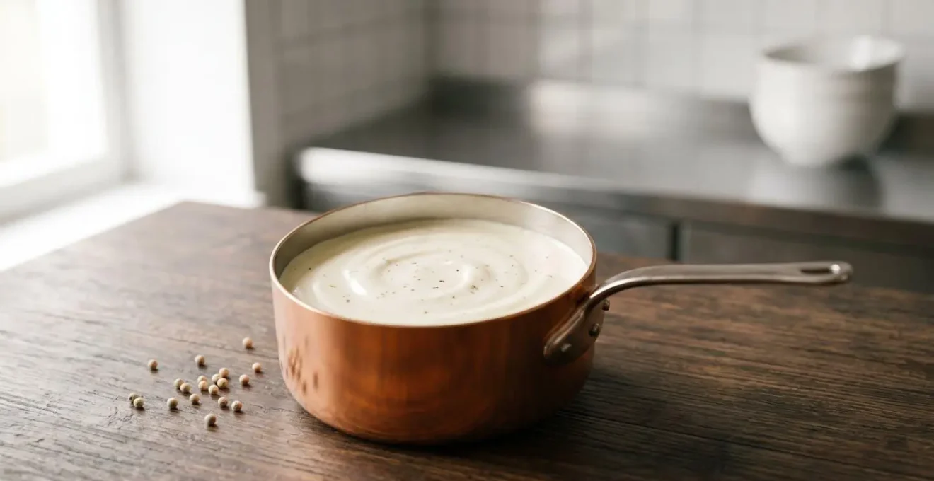 Sauce crémeuse onctueuse au poivre blanc dans une casserole en cuivre révélant la texture veloutée sans points noirs