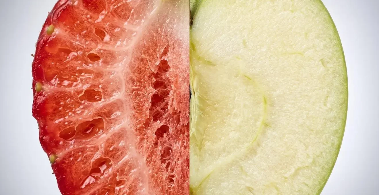 Comparaison visuelle entre la structure poreuse d'une fraise coupée et la chair dense d'une pomme
