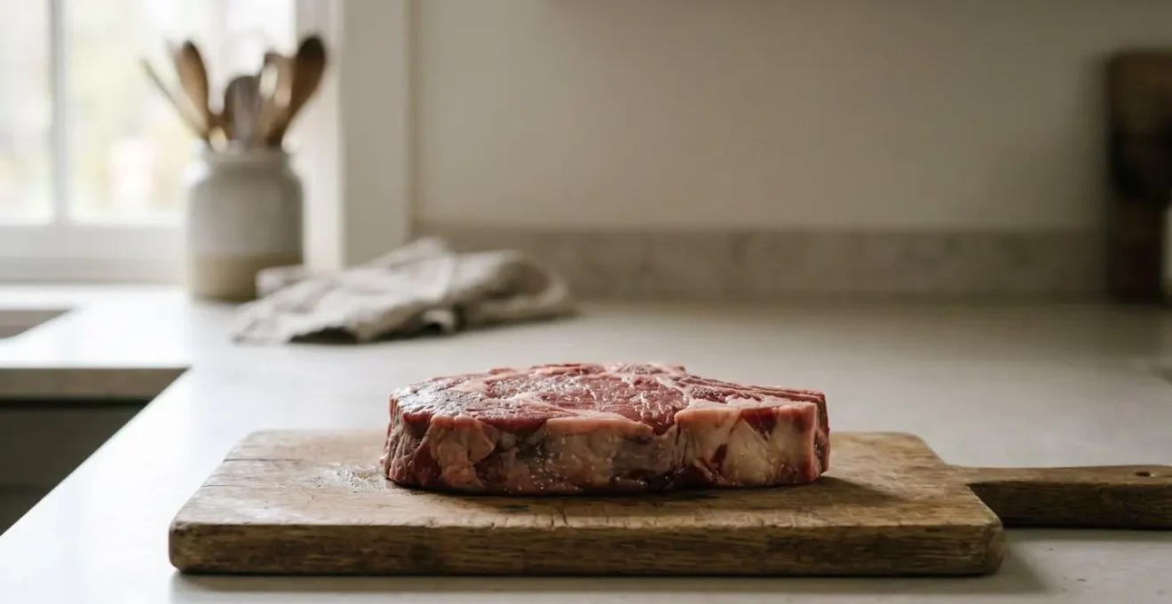 Pièce de viande rouge sur une planche en bois, montrant l'évaporation de l'humidité en surface avant la cuisson.