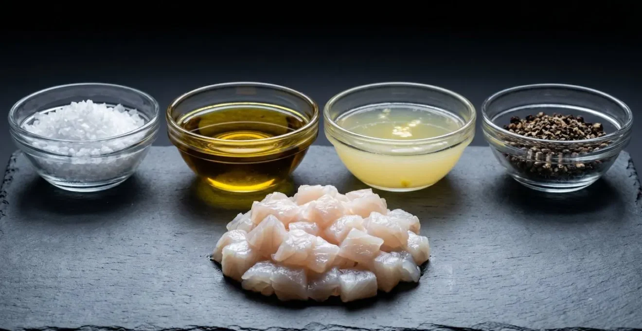 Préparation étape par étape d'un tartare de poisson avec ingrédients disposés dans l'ordre d'incorporation