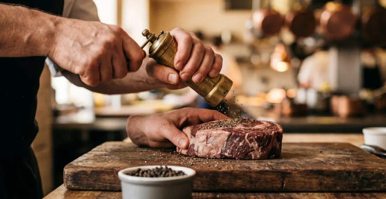 Technique de poivrage d'une pièce de viande rouge en deux temps, montrant les grains de poivre concassés