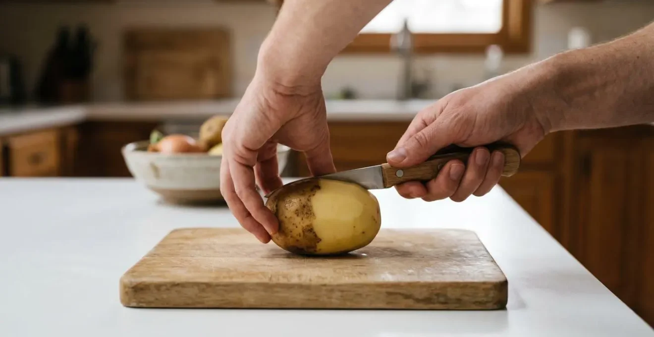 Vue rapprochée d'une main guidant un légume pendant la découpe, montrant la position de sécurité des doigts repliés