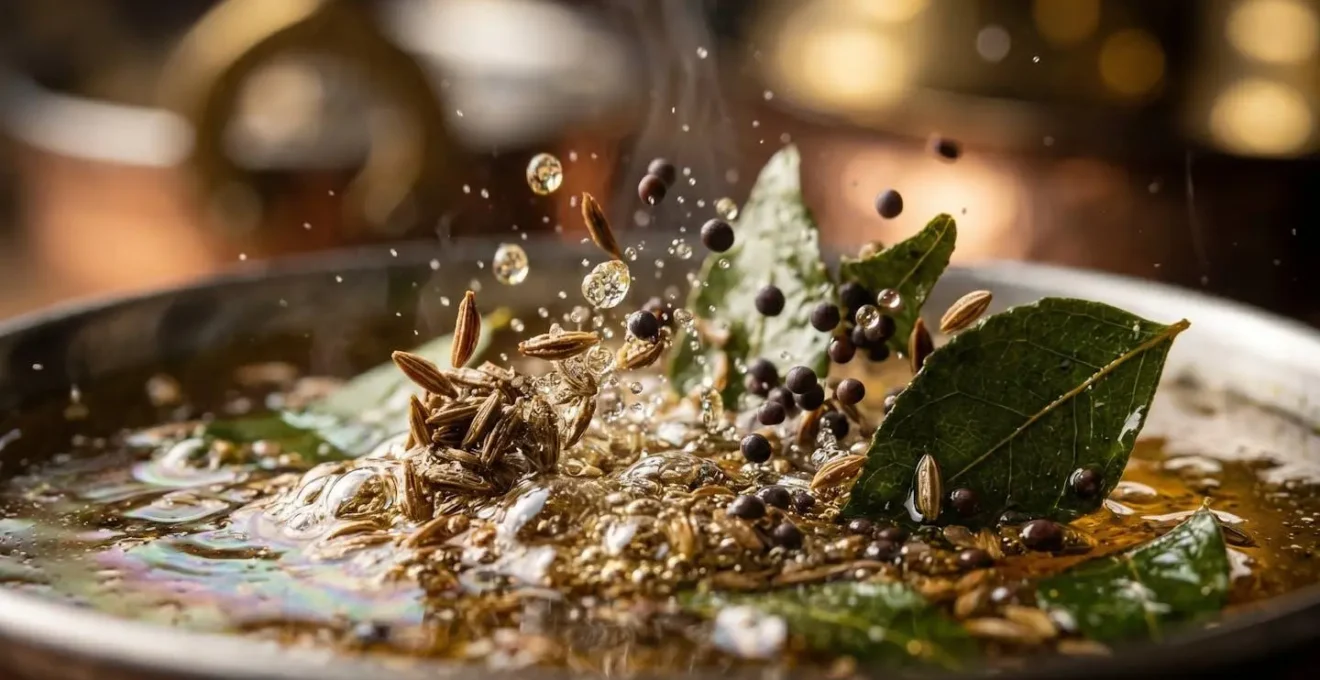 Technique du tadka indien avec épices éclatant dans du ghee fumant