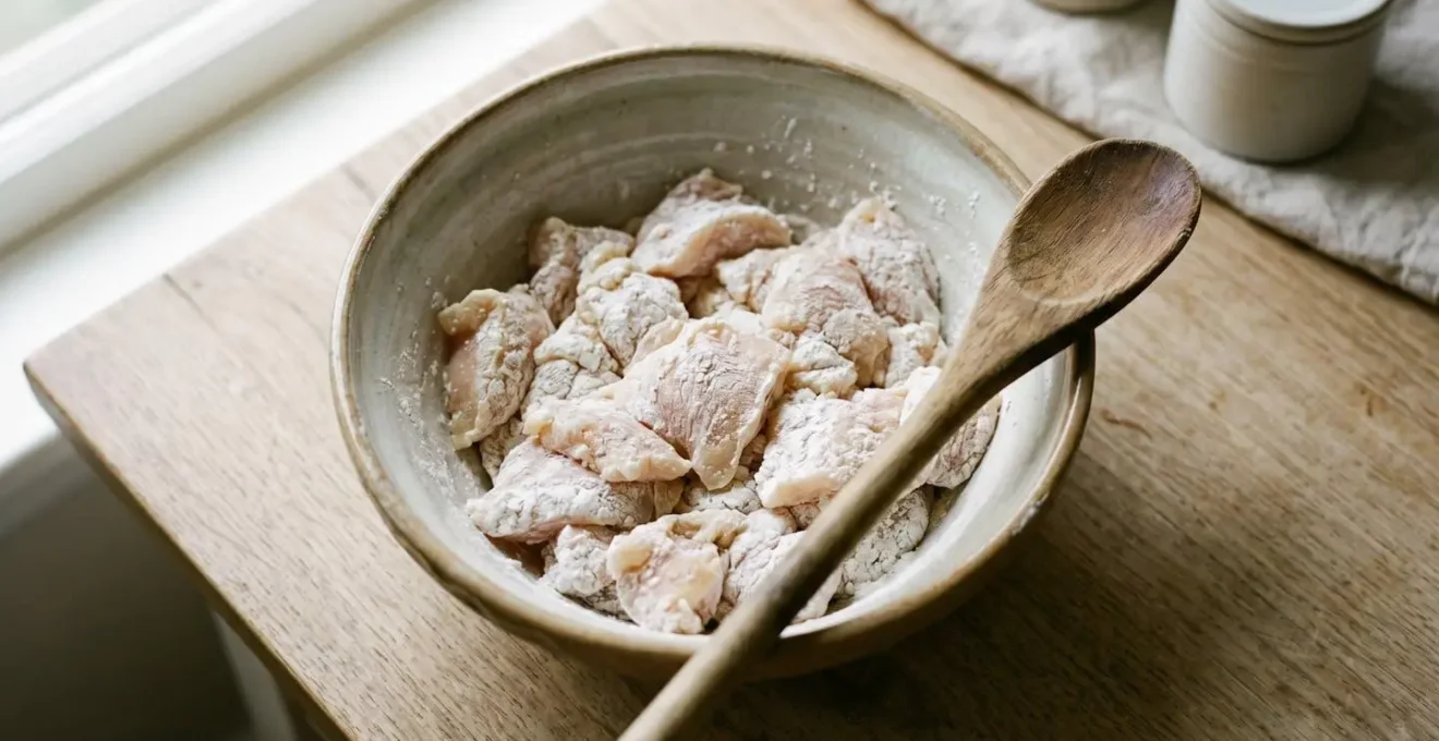 Morceaux de poulet enrobés de fécule de maïs dans un bol, prêts pour la technique du velveting.