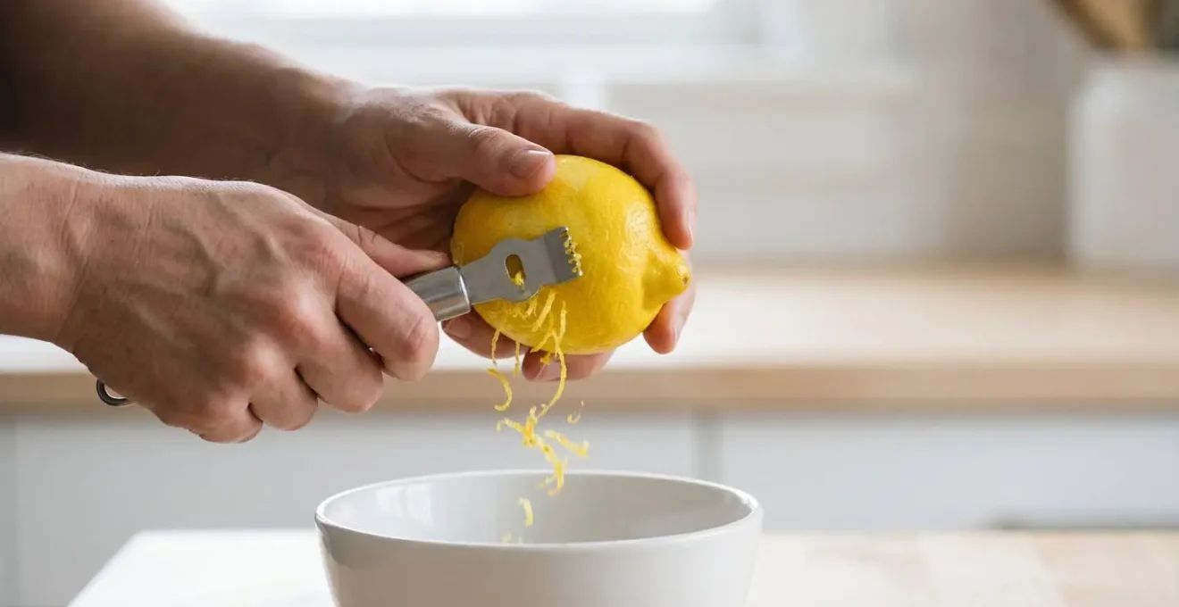 Geste précis de zestage d'un citron montrant l'angle optimal de l'outil