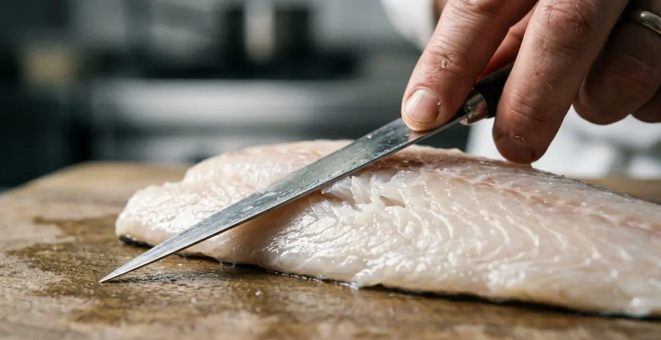 Gros plan sur une main de chef testant la cuisson d'un filet de bar en insérant délicatement une fine lame de couteau