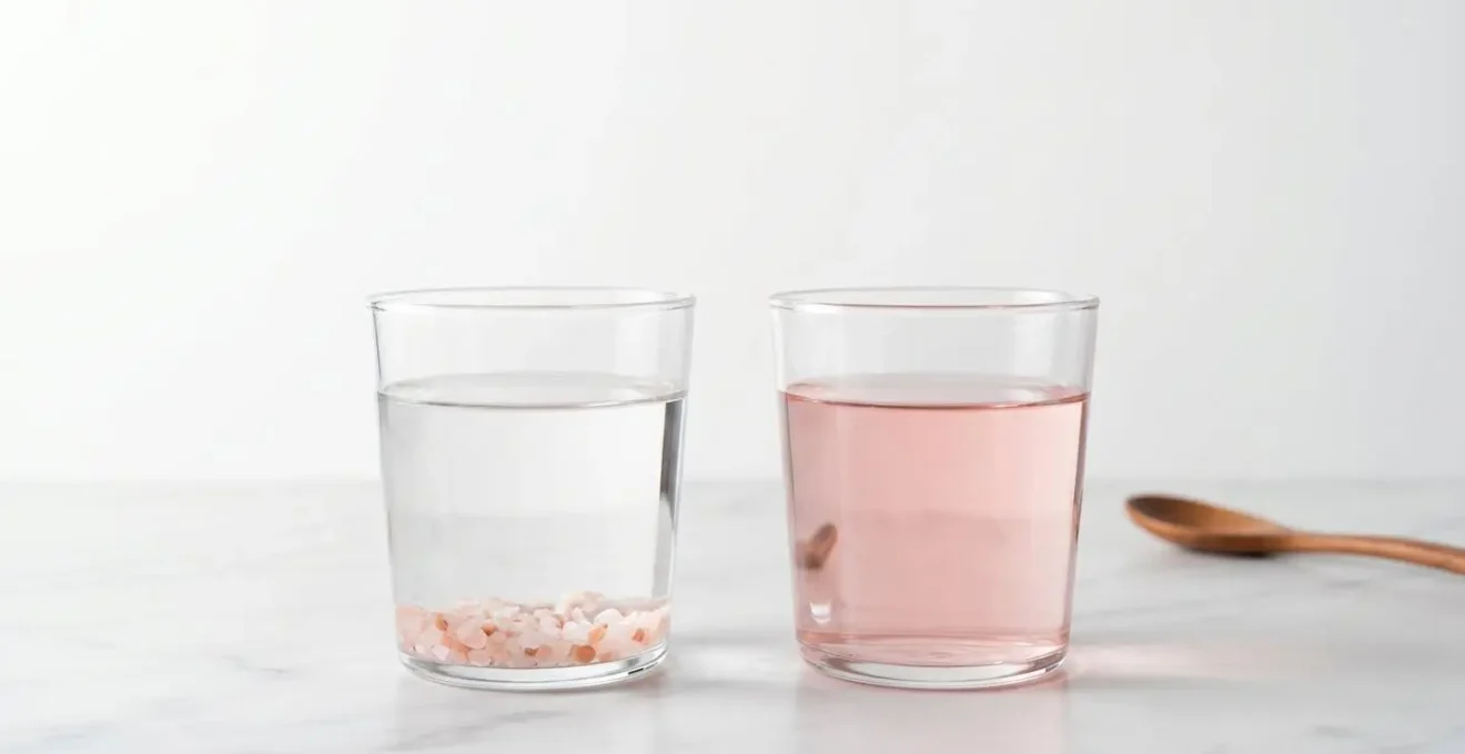 Deux verres d'eau côte à côte montrant la différence entre sel rose authentique et contrefaçon