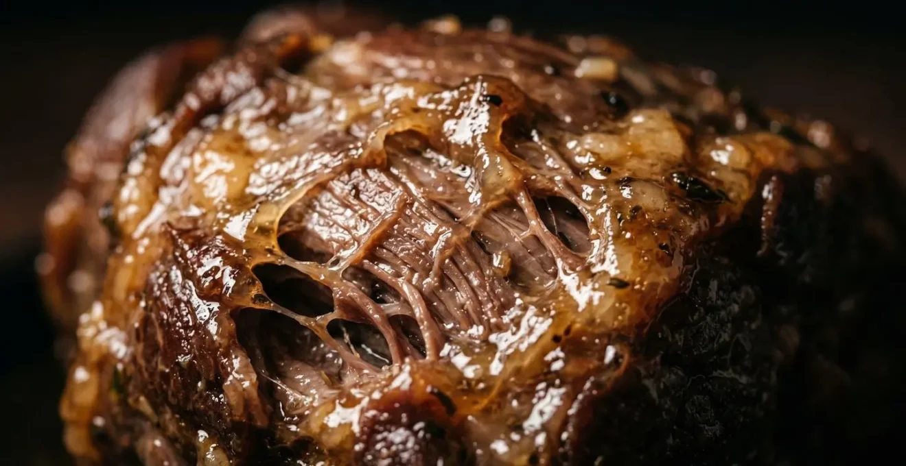 Gros plan macro sur fibres de viande d'agneau montrant la texture gélatineuse après cuisson longue