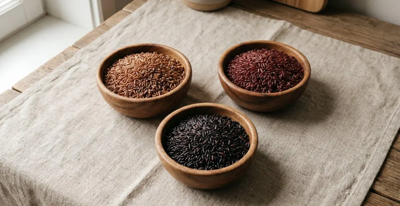 Assortiment de différentes variétés de riz complet dans des bols en bois : riz brun, rouge et noir