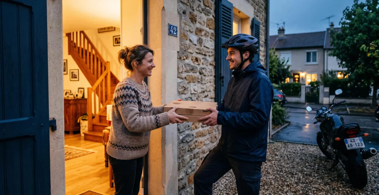 Vue de dessus d'une table familiale avec des pizzas ouvertes, plusieurs mains se servant des parts, moment de partage