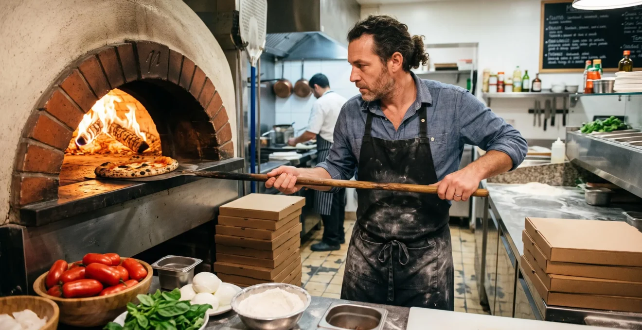 Pizzaiolo français travaillant devant un four à bois dans une pizzeria artisanale, préparant une pizza avec une pelle en bois