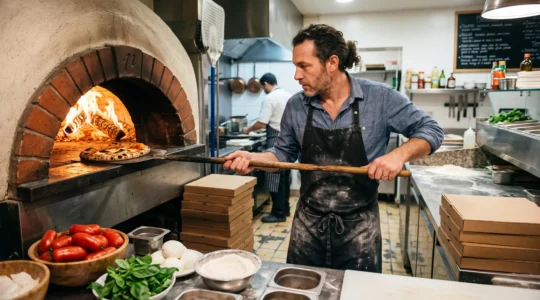 Pizzaiolo français travaillant devant un four à bois dans une pizzeria artisanale, préparant une pizza avec une pelle en bois