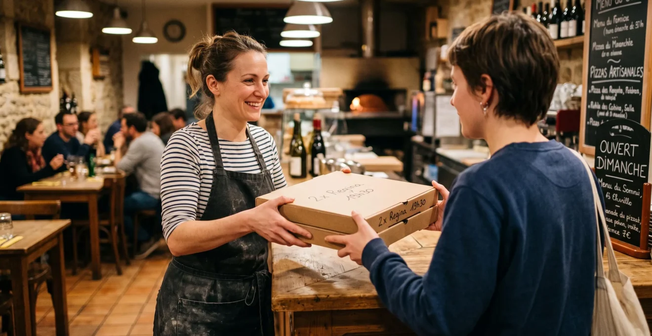 Employé de pizzeria remettant des boîtes à pizza à un client au comptoir, service à emporter
